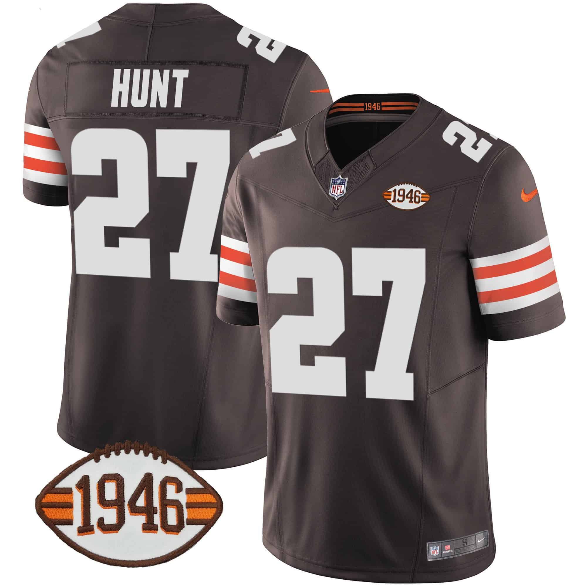 Men Cleveland Browns 27 Hunt Brown 1946 75th Anniversary Patch 2024 Nike NFL Jersey style 1